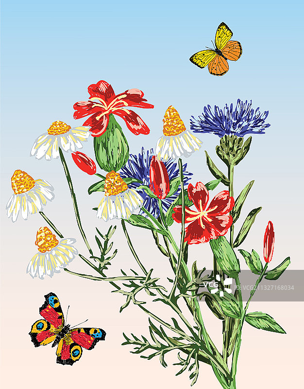 飞舞的蝴蝶与野花花束图片素材