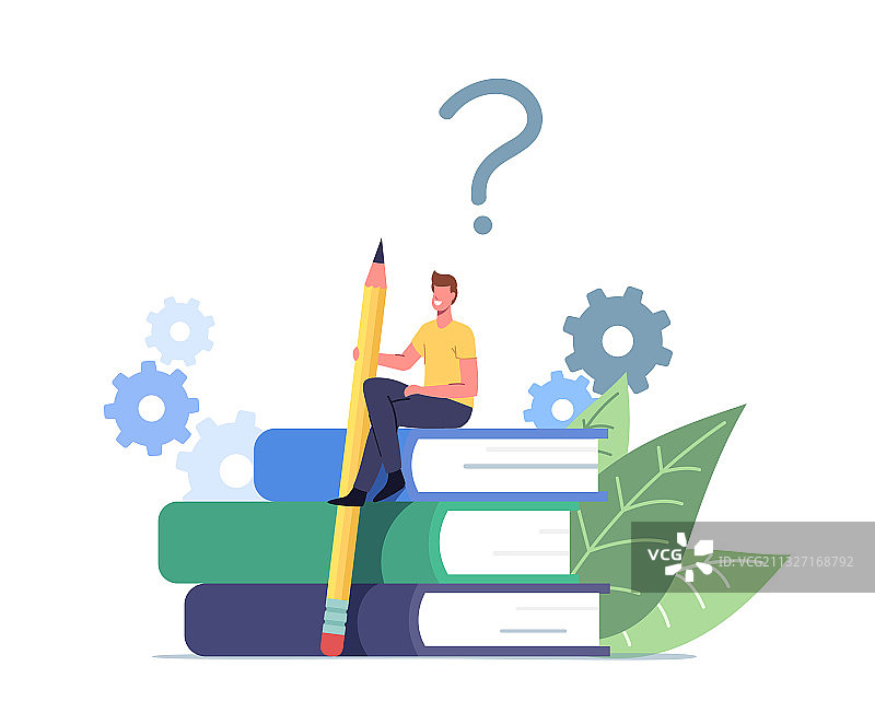 坐在大铅笔上的小男人图片素材