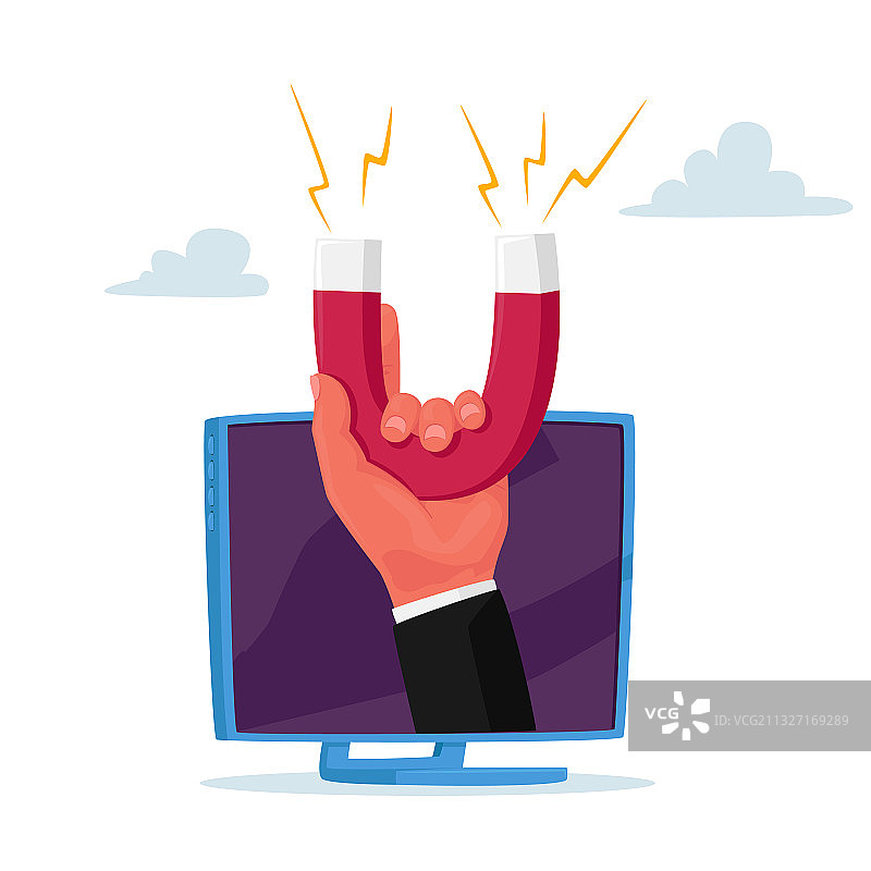 商人手持巨型磁铁在电脑上图片素材