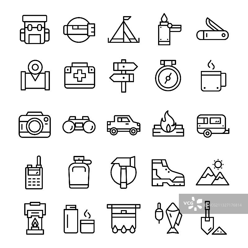 线条艺术风格徒步露营图标图片素材