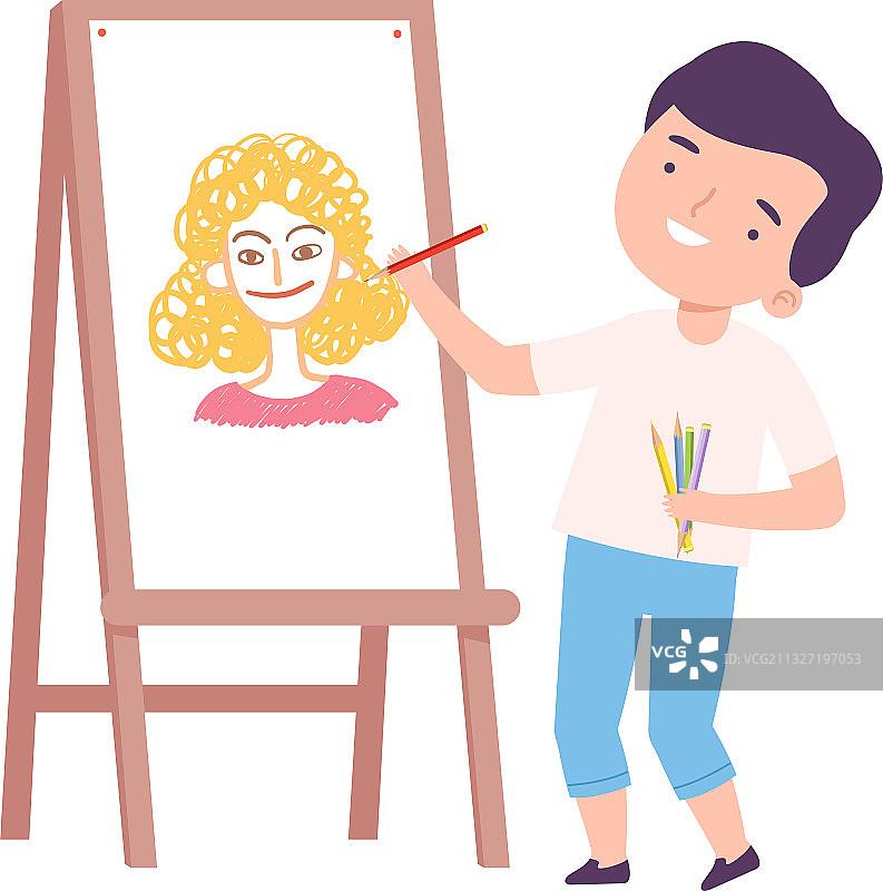 在画布上绘画的可爱男孩小艺术家图片素材