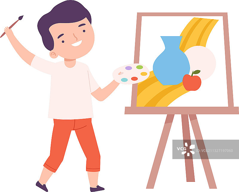 可爱男孩在画布上画静物图片素材