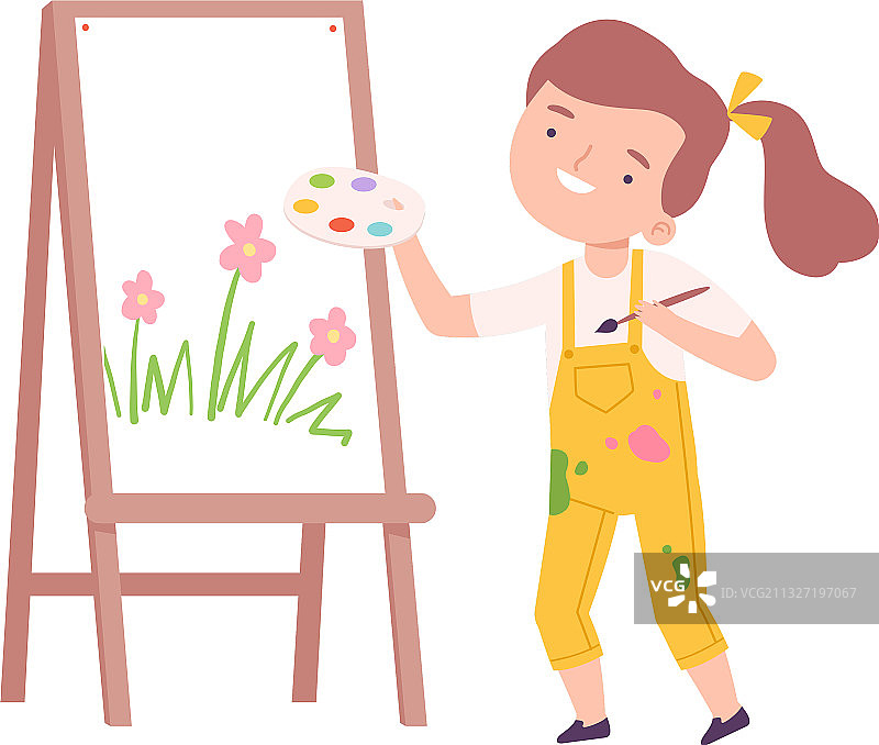 快乐的女孩用调色板在画布上绘画图片素材