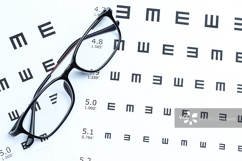 眼镜放在视力表背景上图片素材