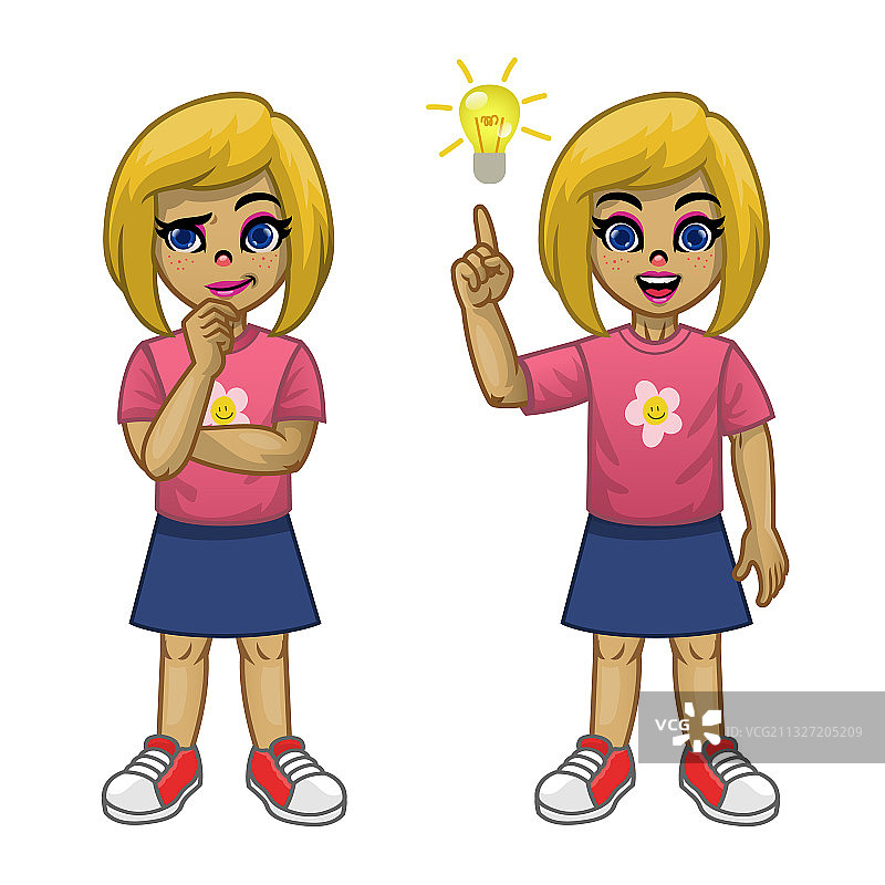 思考姿势并寻找灵感的卡通女孩图片素材