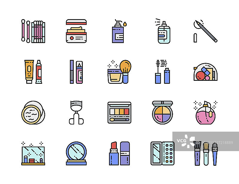 化妆品扁平风彩色线性图标镜子图片素材