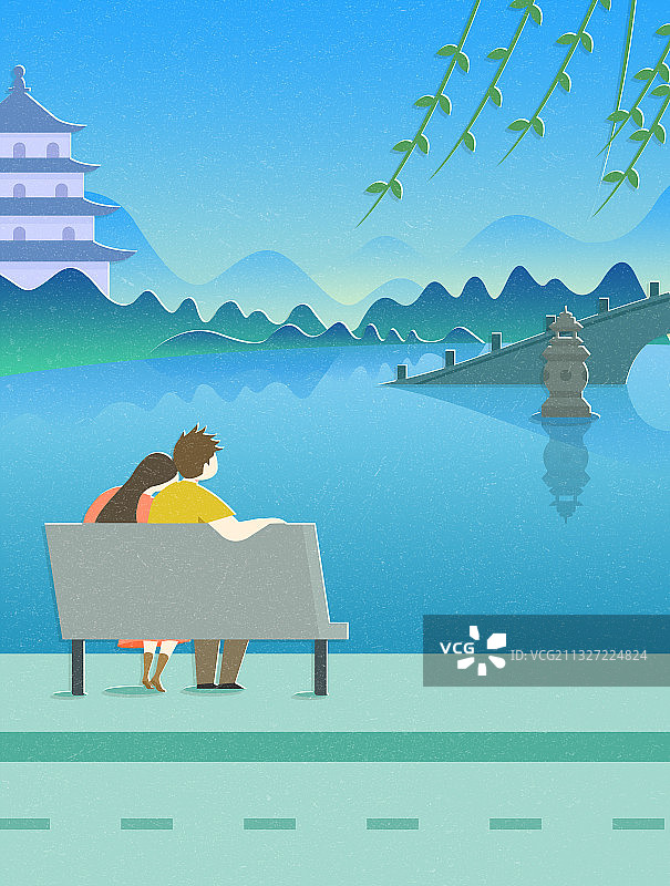 一对情侣在杭州西湖边坐着欣赏着美景图片素材