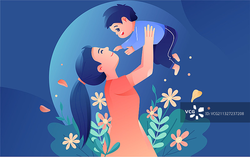 卡通母亲节感恩节鲜花亲子矢量插画海报素材图片素材