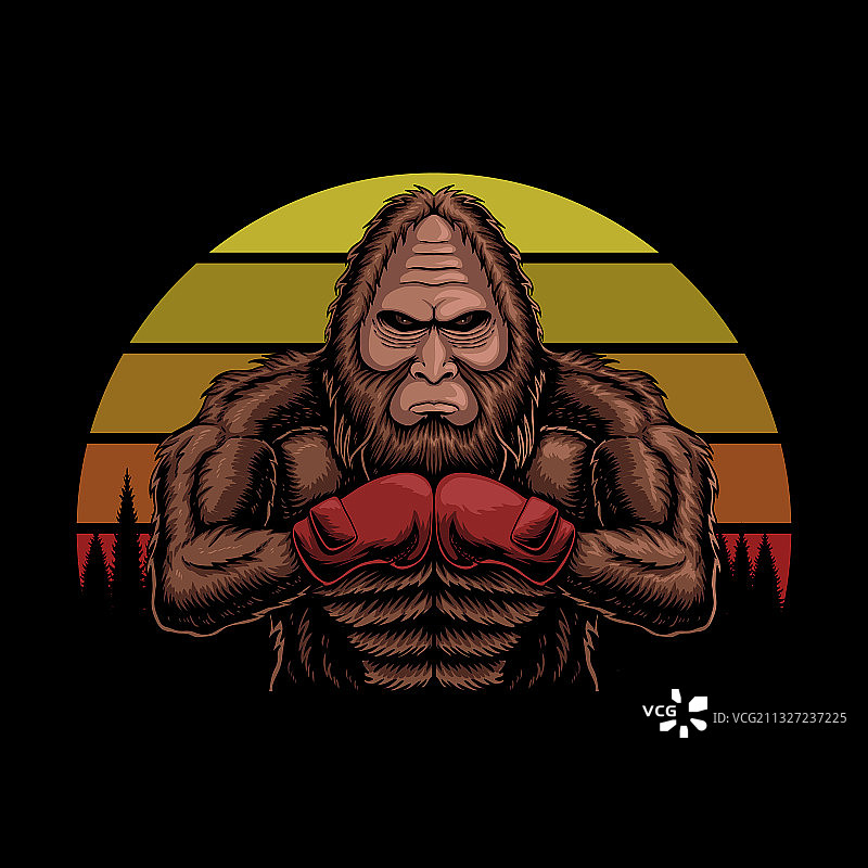 戴拳击手套的大脚怪复古日落图片素材