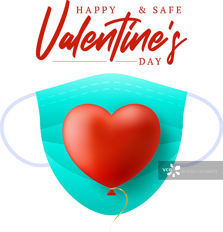 戴蓝色医用口罩的可爱红色逼真爱心图片素材