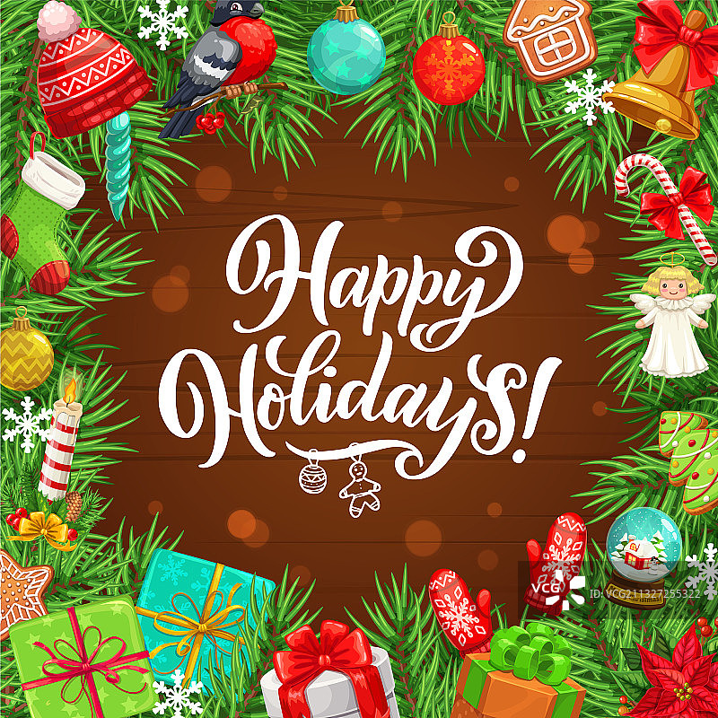 带圣诞礼物、铃铛和袜子框架的圣诞树图片素材