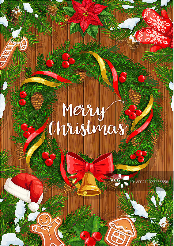 带有圣诞铃铛和圣诞老人帽的圣诞树花环图片素材