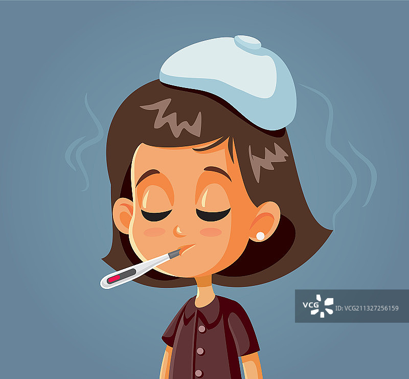 嘴里含着体温计的生病女孩图片素材
