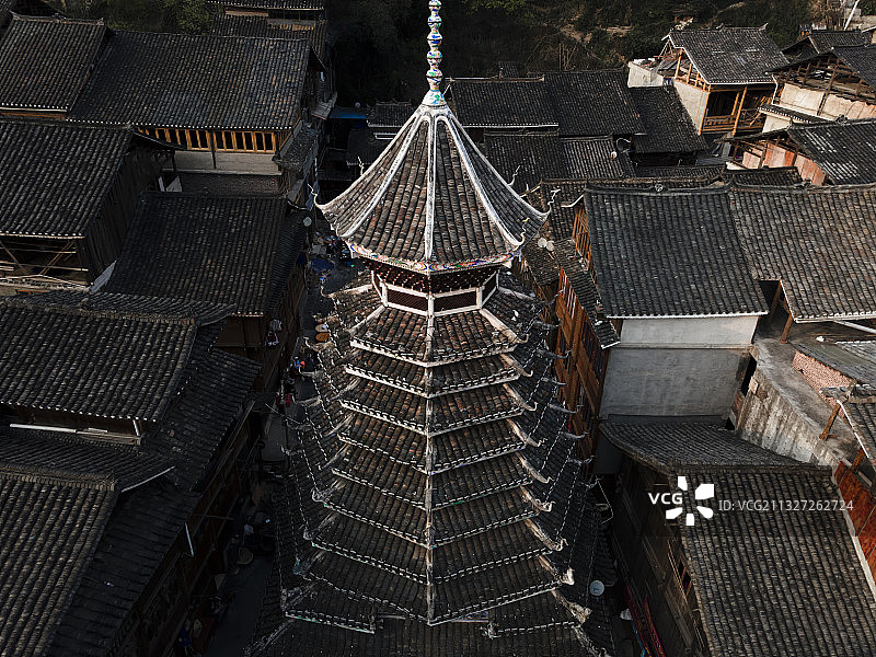 贵州肇兴侗寨鼓楼航拍特写图片素材