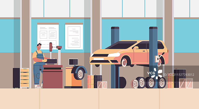 穿制服的修理工正在修理轮胎图片素材