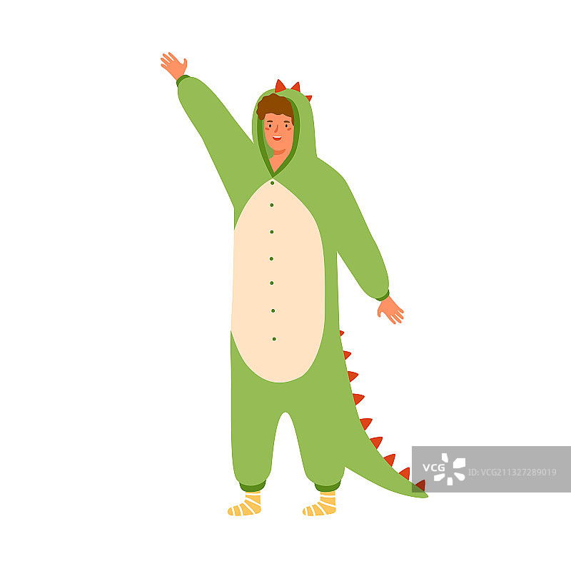穿着恐龙睡衣的有趣男人举起手图片素材