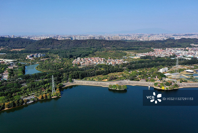 广东省东莞市东城街道同沙生态公园同沙水库航拍图片素材