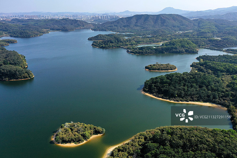 广东省东莞市东城街道同沙生态公园同沙水库航拍图片素材