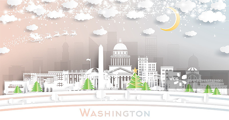 美国华盛顿城市天际线剪纸风格图片素材