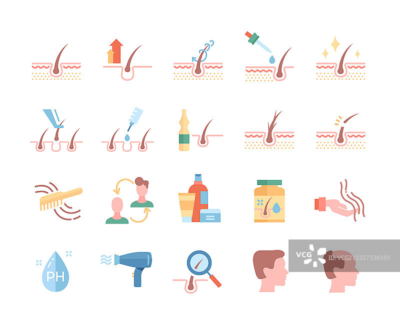彩色扁平化脱发治疗线性图标集图片素材