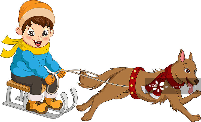 可爱的小孩乘坐由狗拉的雪橇图片素材