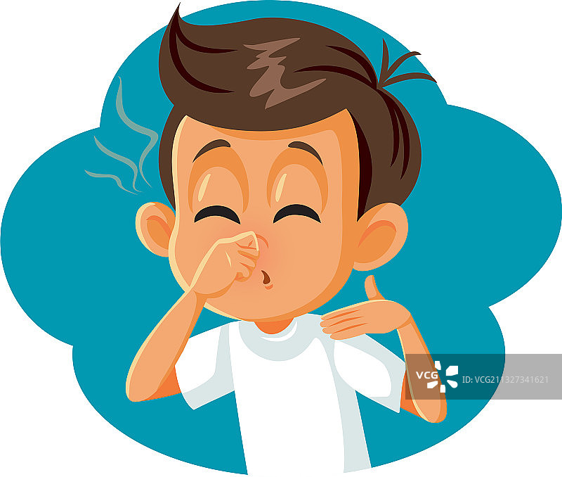 男孩捏着鼻子，捂住难闻的气味图片素材