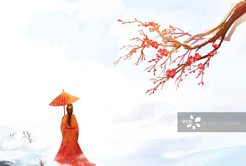 水墨伊人撑伞插画图片素材