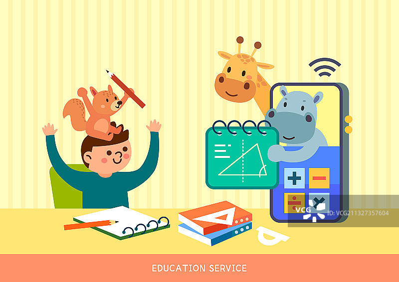 教育网络讲座：动物、角色、儿童、小学生、智能手机、河马、长颈鹿、松鼠、数学图片素材
