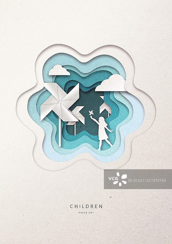 纸张艺术、儿童剪影、儿童节、梦想、风车图片素材