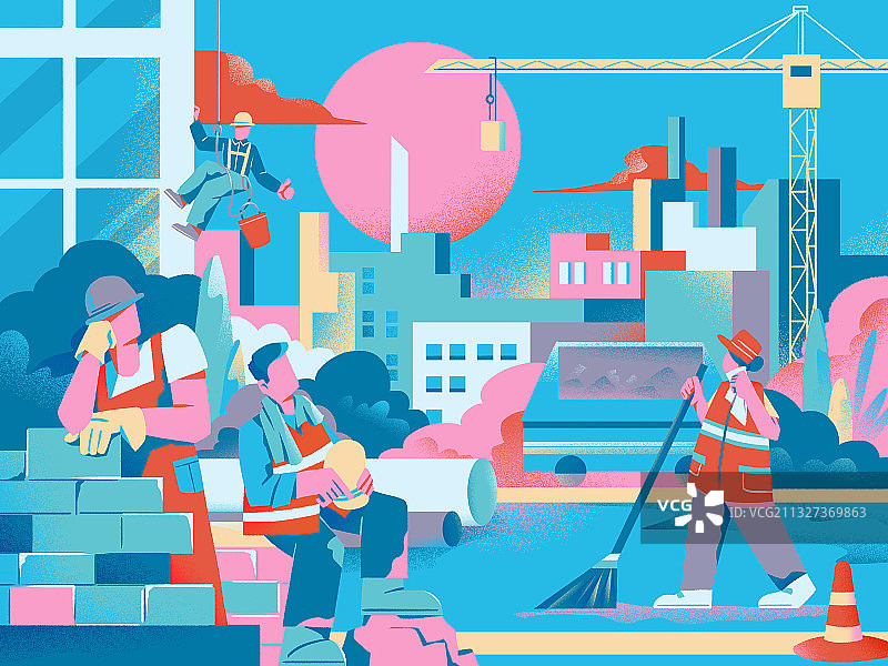 城市劳动者建设者扁平噪点插画图片素材