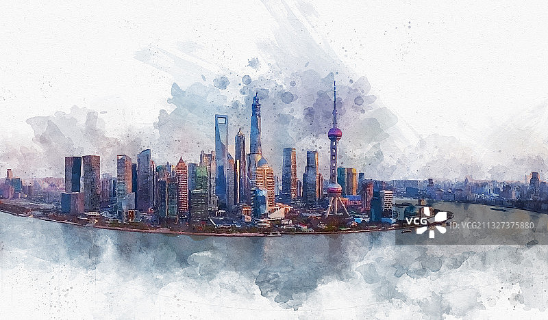 城市手绘上海外滩图片素材