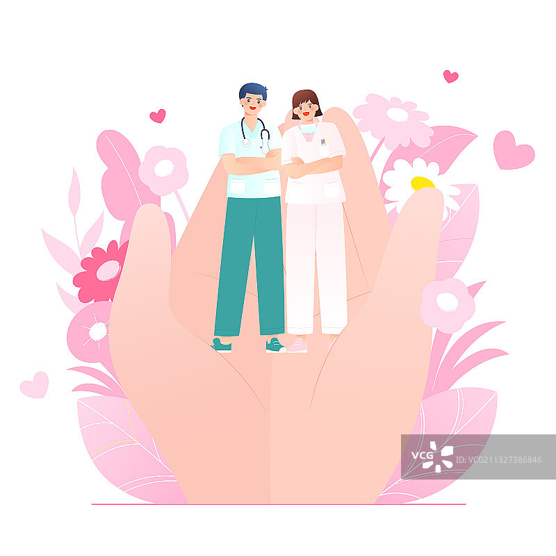 两只手托起医生护士在粉色花丛中医疗健康护士节矢量插画海报方图图片素材