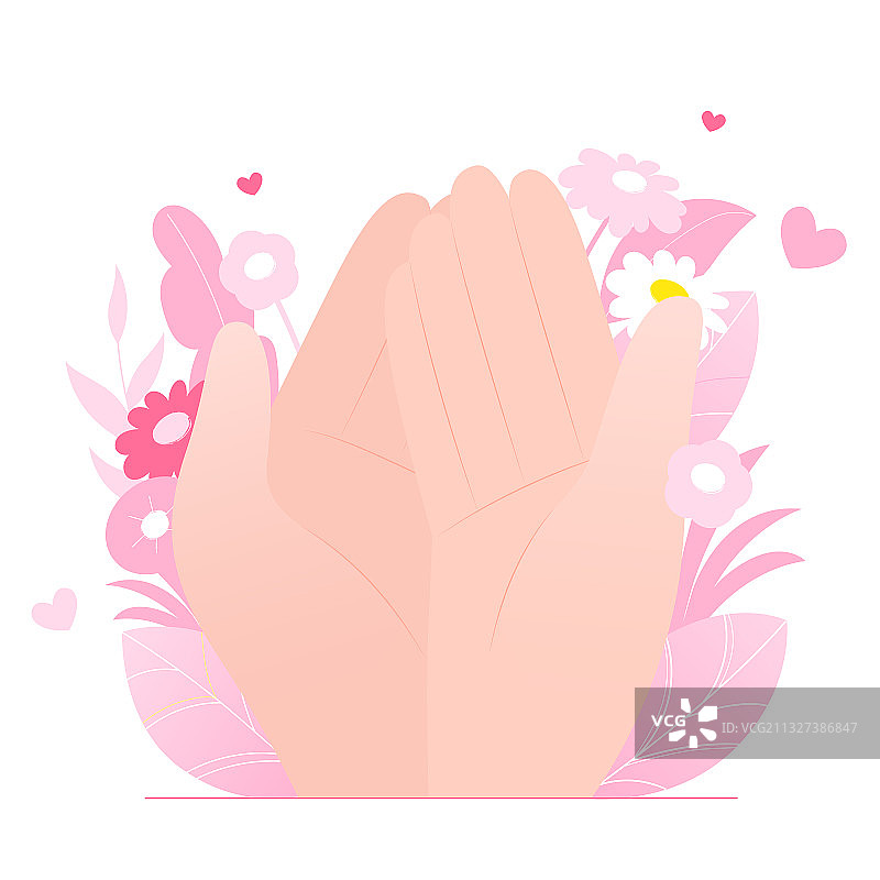 两只手捧起来在粉色花丛植物中矢量插画元素图片素材