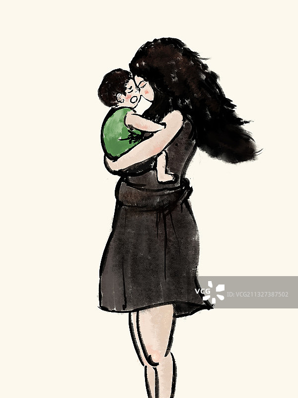 母亲节中国风写意水墨画抱着宝宝的母亲插画图片素材