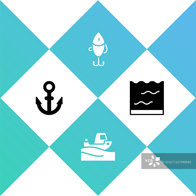 水中锚钓鱼船和诱饵套装图片素材