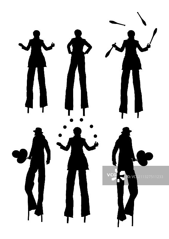 踩着高跷拿着气球的小丑剪影图片素材