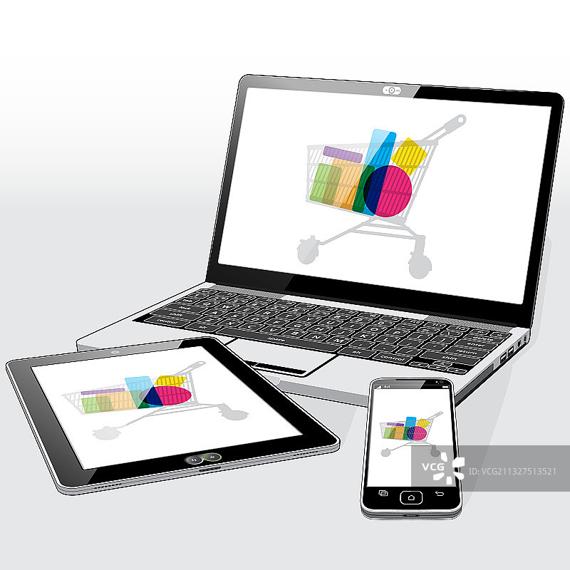 笔记本电脑、平板电脑和智能手机数字购物图片素材