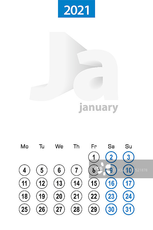 2021年1月蓝色圆形设计日历图片素材
