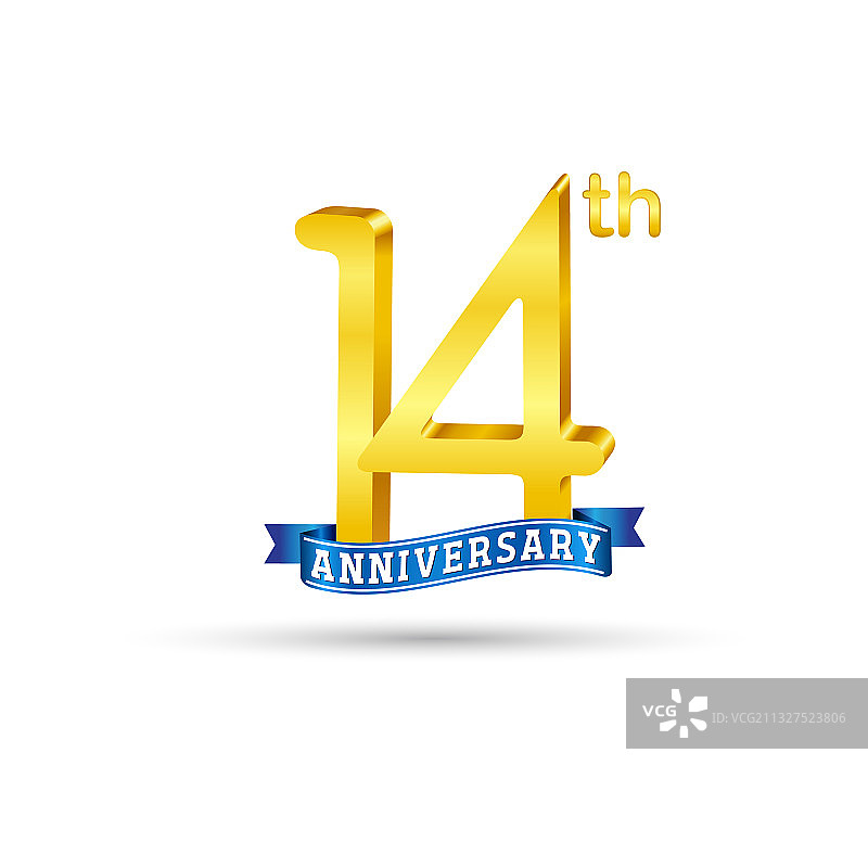 带有蓝色丝带的14周年金色纪念标志图片素材