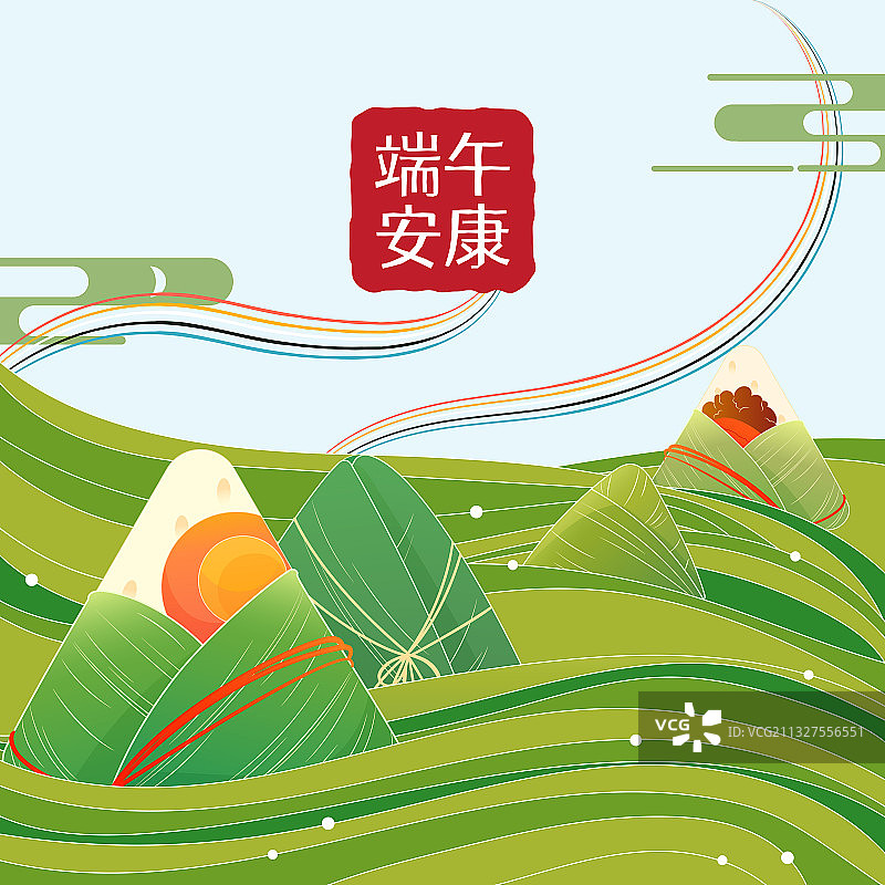 端午节粽子五彩绳绿色波浪国潮风矢量插画海报图片素材