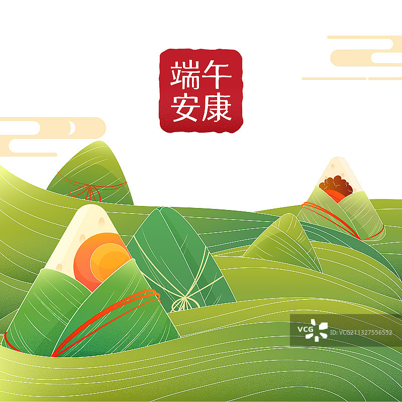 端午节粽子绿色渐变波浪国潮风矢量插画海报图片素材