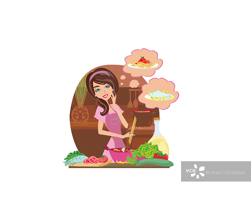 美丽的主妇在厨房做晚餐图片素材