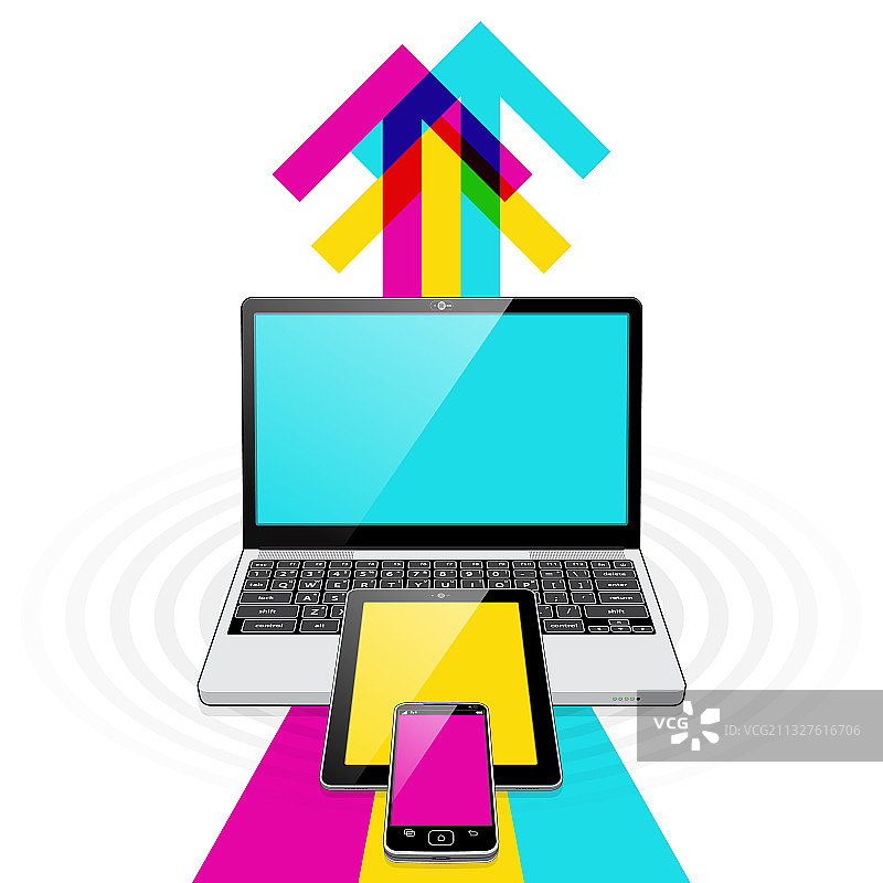 智能手机、平板电脑、笔记本电脑高速数据流图片素材