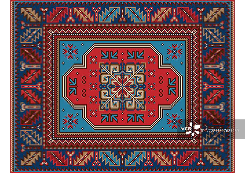 红棕色和蓝色调的旧东方地毯图片素材