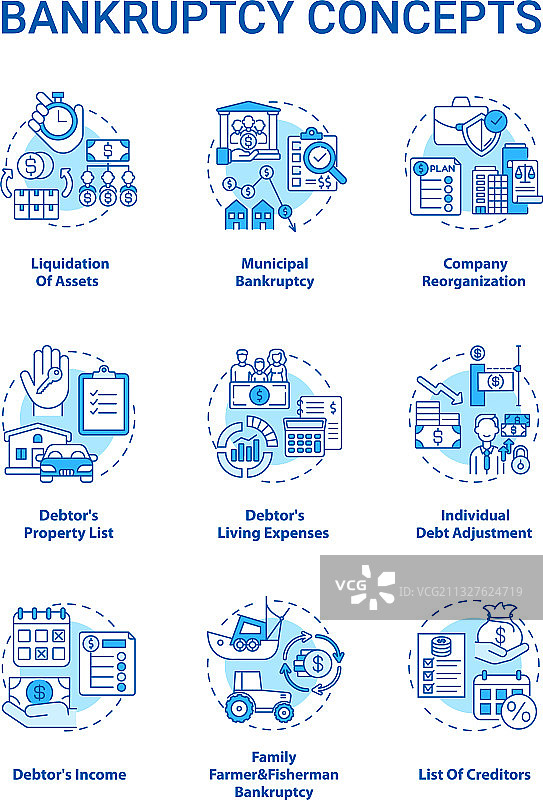破产蓝色概念图标集图片素材