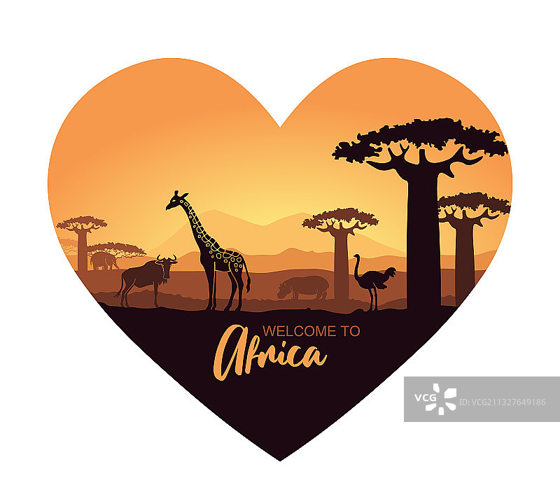 风格化的心形非洲野生动物景观图片素材