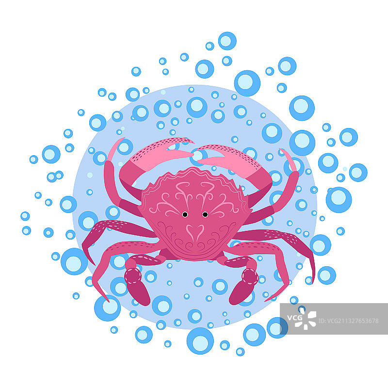 手绘红色螃蟹和水泡图片素材