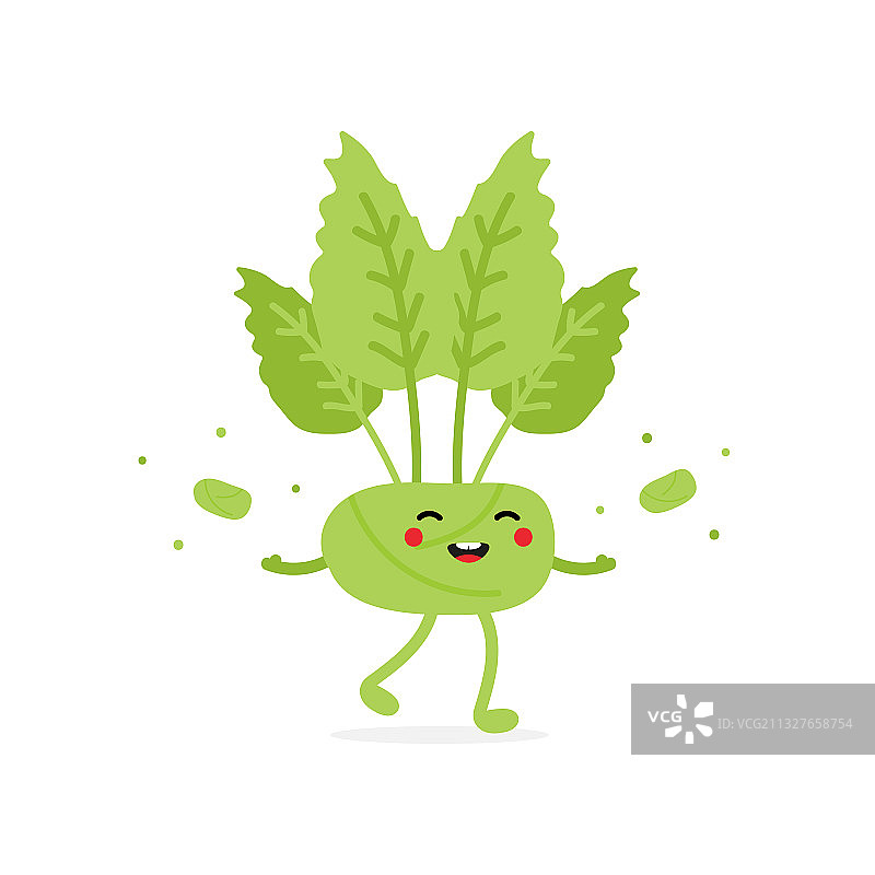 卡通绿色球茎甘蓝角色和五彩纸屑图片素材