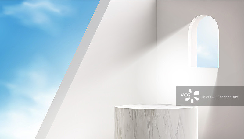 天空拱窗背景大理石圆台三维图图片素材