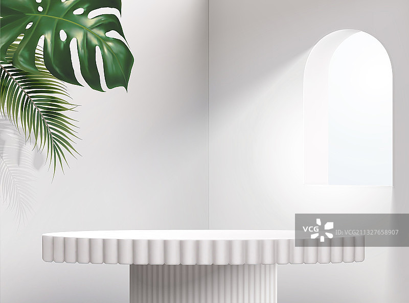 绿叶背景白色拱窗圆形展示台三维图图片素材
